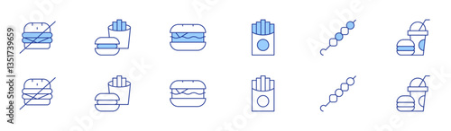 Fast food icon set in two styles, Duotone and Thin Line style. Editable stroke. fries, satay, no fast food, fast food, hamburger