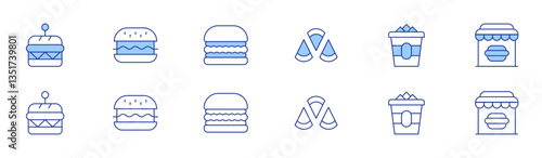 Fast food icon set in two styles, Duotone and Thin Line style. Editable stroke. hamburger, manchego, nuggets, fast food, burger