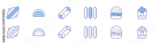 Fast food icon set in two styles, Duotone and Thin Line style. Editable stroke. hot dog, taco, kebab, sausages, hamburger, french fries
