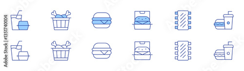 Fast food icon set in two styles, Duotone and Thin Line style. Editable stroke. menu, hamburger, ribs, fried chicken, fast food