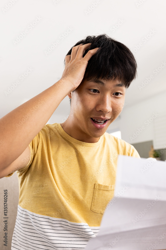 Teen boy reading letter with surprised expression at home, discovering exciting news Teen boy reading letter with surprised expression at home, discovering exciting news