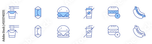 Fast food icon set in two styles, Duotone and Thin Line style. Editable stroke. noodle, burrito, burger, no fast food, hot dog