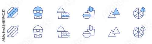 Fast food icon set in two styles, Duotone and Thin Line style. Editable stroke. popcorn, nachos, hot dog, pizza, food, burger