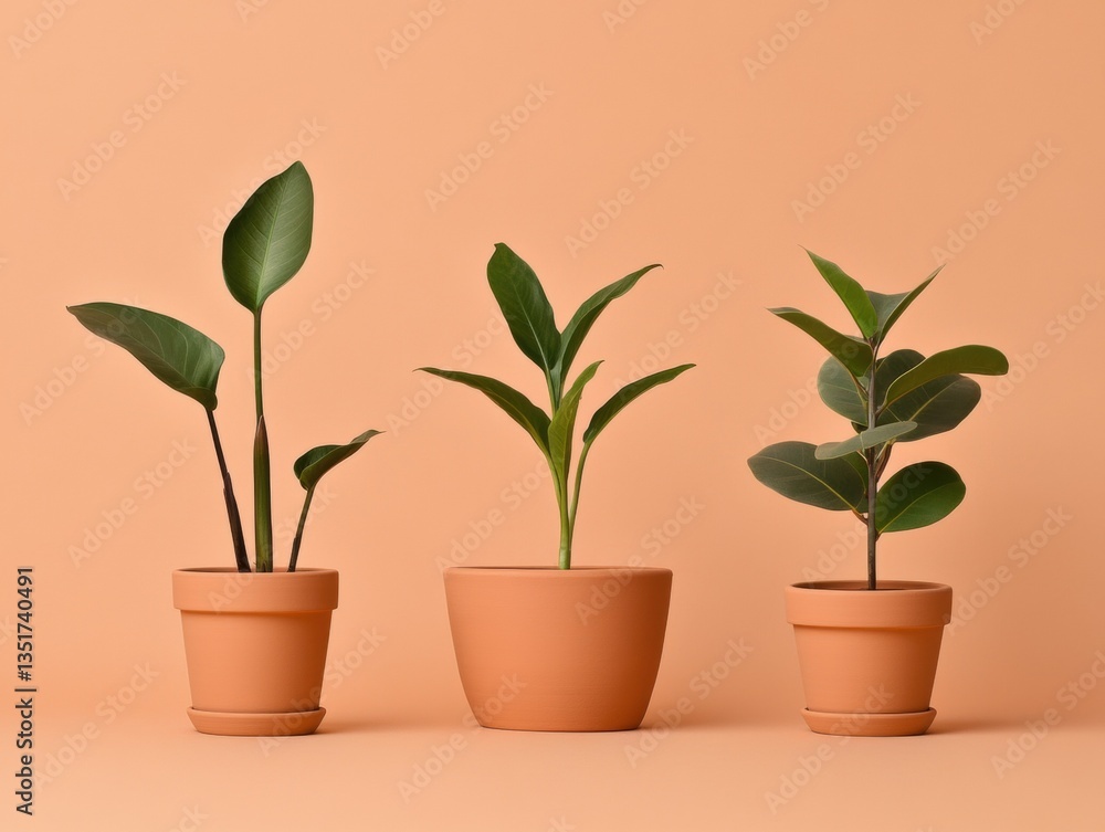 Three potted plants in warm earthy colors. Three potted plants in warm earthy colors.
