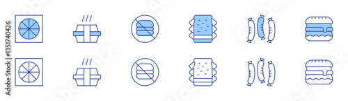 Fast food icon set in two styles, Duotone and Thin Line style. Editable stroke. sandwich, pizza, food box, sausages, no fast food, hamburger