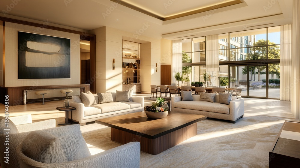 Spacious living area with contemporary furniture, textured throw blankets, and soothing decor in pastel tones, glowing with soft natural light, wide-angle perspective. Spacious living area with contemporary furniture, textured throw blankets, and soothing decor in pastel tones, glowing with soft natural light, wide-angle perspective.