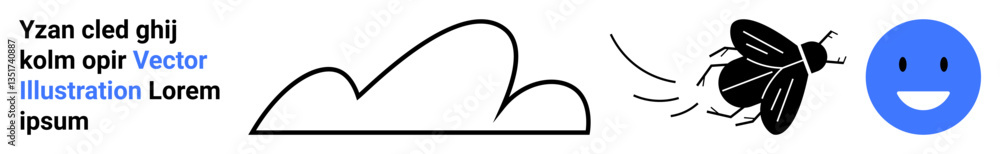 Fototapeta premium Black flying bug in motion near abstract cloud and smiling blue face. Ideal for nature, simplicity, communication, mood, creativity, education, simple landing page