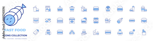 Fast food icons collection. Line Duotone style, editable stroke. flautas, groceries, sausage, hamburger, manchego, nuggets, hot dog, burger, sandwich, burrito, food