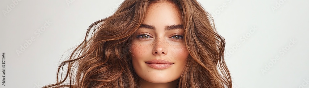 Obraz premium A lacefront wig styled in loose waves, chestnut brown, glowing gently against a minimal background