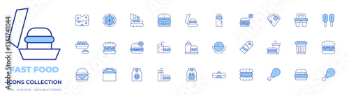 Fast food icons collection. Line Duotone style, editable stroke. nachos, burger, hamburger, pop corn, hamburguer, cheese, french fries, soda, corn dog, pizza, kebab