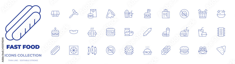 Fast food icons collection. Thin Line icons, editable stroke. burger, menu, hamburger, chips, fried chicken, hotdog, sandwich, onion ring, pizza, sausage, ribs Fast food icons collection. Thin Line icons, editable stroke. burger, menu, hamburger, chips, fried chicken, hotdog, sandwich, onion ring, pizza, sausage, ribs