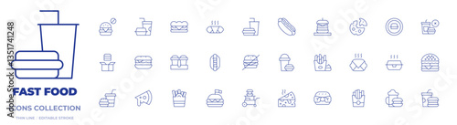 Fast food icons collection. Thin Line icons, editable stroke. french fries, hamburger, soft drinks, sandwich, hot dog, cheese, burger, food delivery, hot food