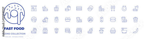 Fast food icons collection. Thin Line icons, editable stroke. corndog, noodles, nuggets, french fries, noodle, shawarma, burrito, hot dog, sausage, no junk food