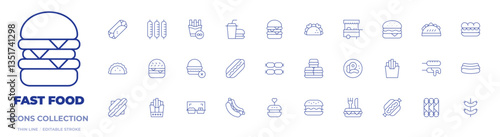Fast food icons collection. Thin Line icons, editable stroke. hot dog, burger, flautas, taco, sausage, corn dog, kebab, sausages, hamburger, burgers, hotdog, food