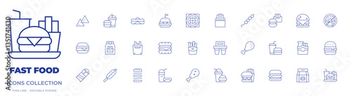 Fast food icons collection. Thin Line icons, editable stroke. pizza box, fish and chips, soda, french fries, satay, burger, fries, hot dog, chicken leg, donut