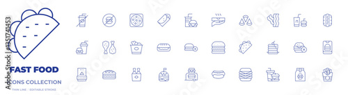 Fast food icons collection. Thin Line icons, editable stroke. taco, manchego, burger, sandwich, pancakes, burrito, bacon, food truck, food package, no fast food