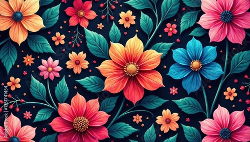 Intricate continuous floral pattern, vibrant hues, vibrant, repeat, flower