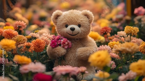 Smiling bear holding a colorful bouquet among vibrant flowers in warm sunlight