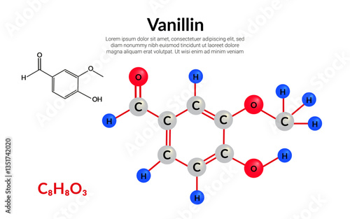 Vanillin flavor compound, molecular structure formula, ball-and-stick model, suitable for education or chemistry science content. Vector illustration