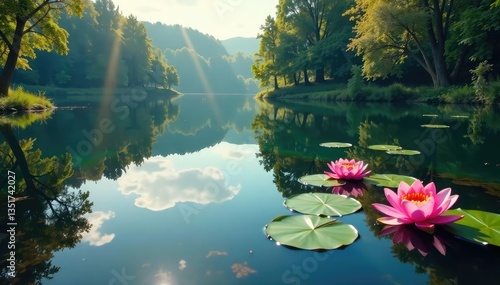 Intricate floral pattern reflected on calm lake surface, spring, illustration