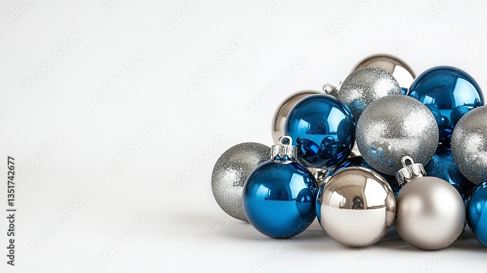 Stylish Christmas scene with blue and silver baubles and metallic accents on a pristine white background, with negative space for text on the right, medium framing. Stylish Christmas scene with blue and silver baubles and metallic accents on a pristine white background, with negative space for text on the right, medium framing.