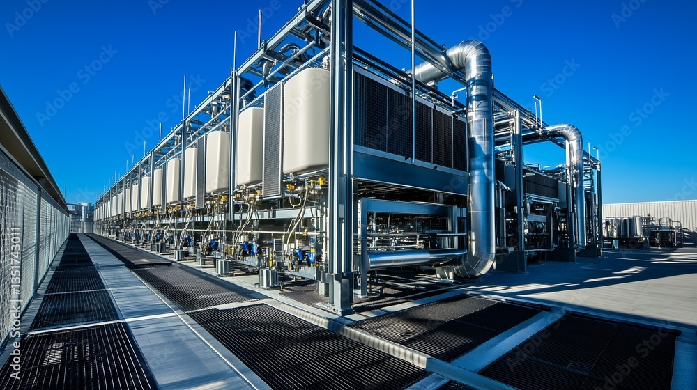 Fototapeta premium A clean energy power plant with massive CO2 scrubbers purifying the air, set against a bright blue sky with minimal pollution