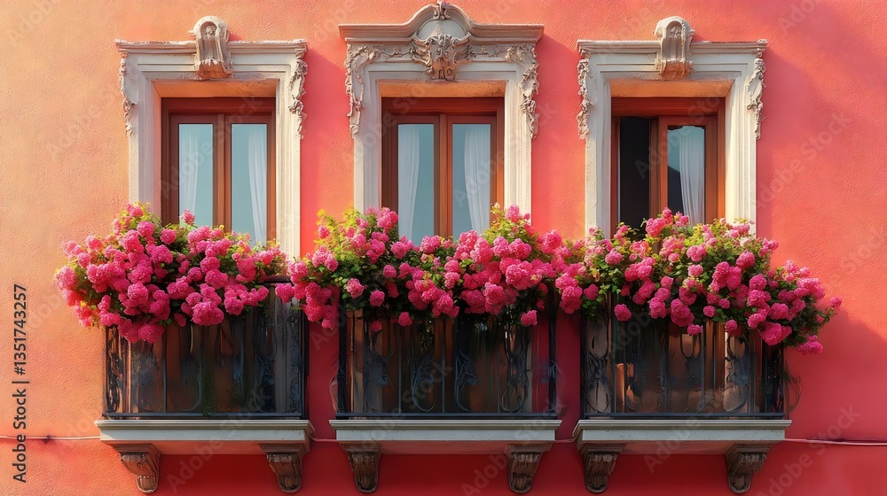 Three windows with pink flowers in planters Three windows with pink flowers in planters