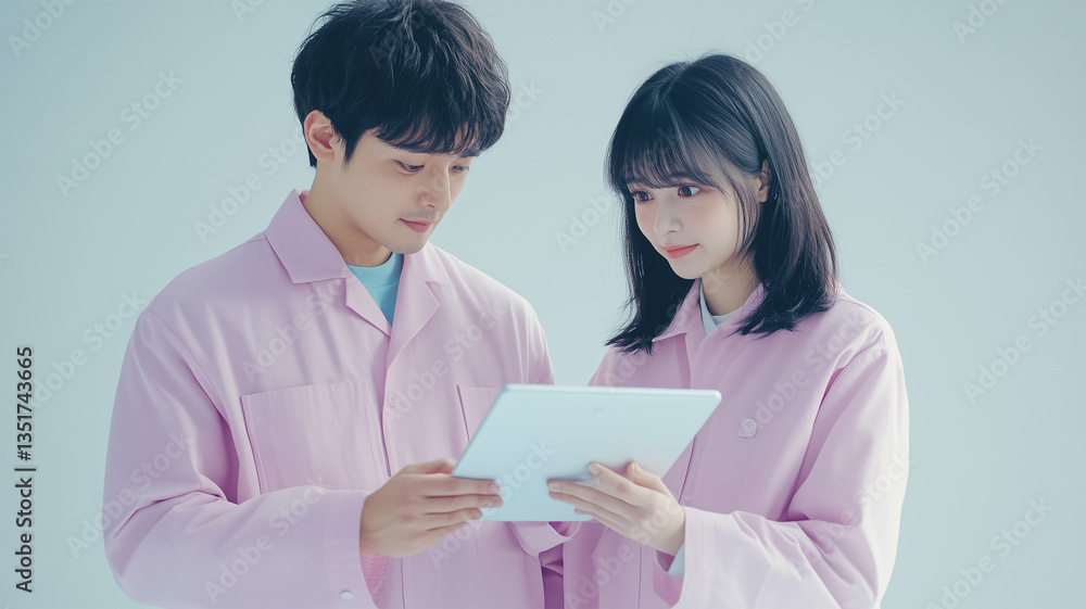 パステル作業着の男女がタブレットで相談する協力シーン