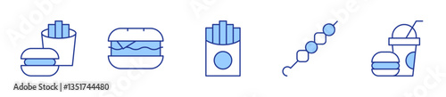 fries, satay, fast food, hamburger. Fast food Icon vector illustration. Line Duotone style. Editable stroke