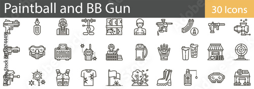 Paintball and BB Gun Line Icons Collection. Shooting Sports, Tactical Gear, Airsoft, and Target Practice Symbols. Editable Stroke, Vector Illustration.