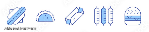 hot dog, taco, kebab, sausages, hamburger. Fast food Icon vector illustration. Line Duotone style. Editable stroke