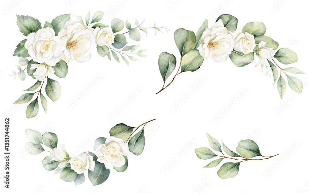 Obraz premium Watercolor set of frames and wreaths with green eucalyptus leaves and white roses. Greenery clipart for wedding invitation, greeting cards, save the date, stationery design. Hand drawn illustration.