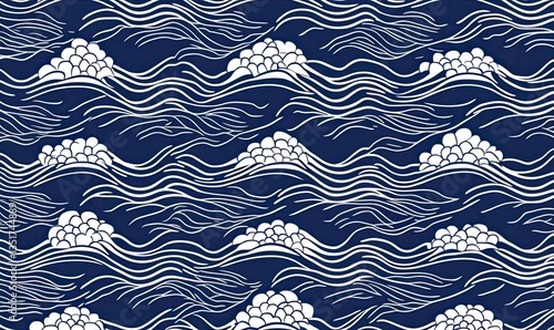 An abstract seamless pattern depicting ocean waves and floral elements