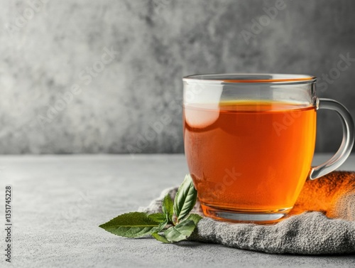 Fresh herbal tea in a clear glass cup.