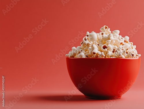 Fresh popcorn in a red bowl on a colorful background.