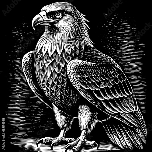 A black and white drawing of an eagle with its wings spread out
