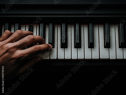 Hand playing piano keys in dim light.