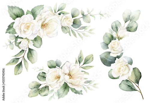 Watercolor set of frames and wreaths with  green eucalyptus leaves and white ...