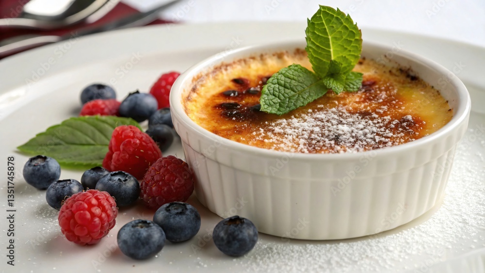 Elegant Crème Brûlée in White Ramekin Garnished with Mint, Served with Fresh Berries and Powdered Sugar on a Dessert Plate - A Fine Dining Presentation Elegant Crème Brûlée in White Ramekin Garnished with Mint, Served with Fresh Berries and Powdered Sugar on a Dessert Plate - A Fine Dining Presentation