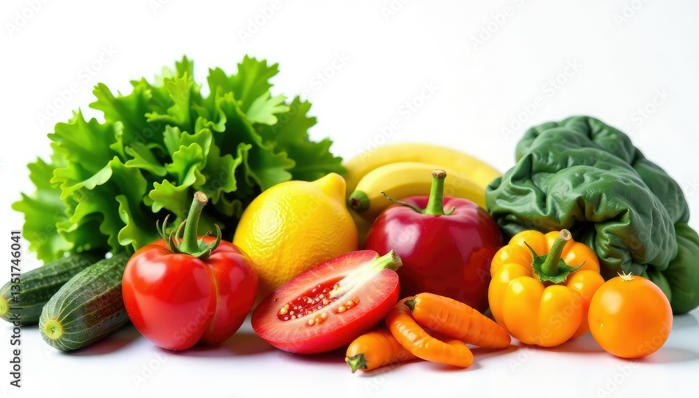 Variety of organic fruits and vegetables, pristine white backdrop, nutritious, clean Variety of organic fruits and vegetables, pristine white backdrop, nutritious, clean
