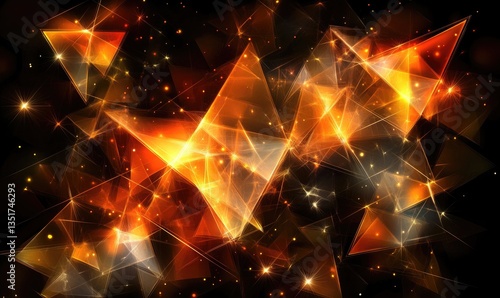 Glowing orange and yellow triangles and sparks fill dark background