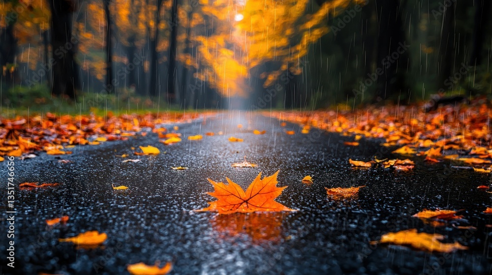 Autumnal Rain: A Serene Fall Road Autumnal Rain: A Serene Fall Road