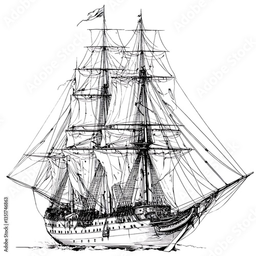 Wallpaper Mural An intricately drawn illustration depicts a sailing ship on the sea Torontodigital.ca