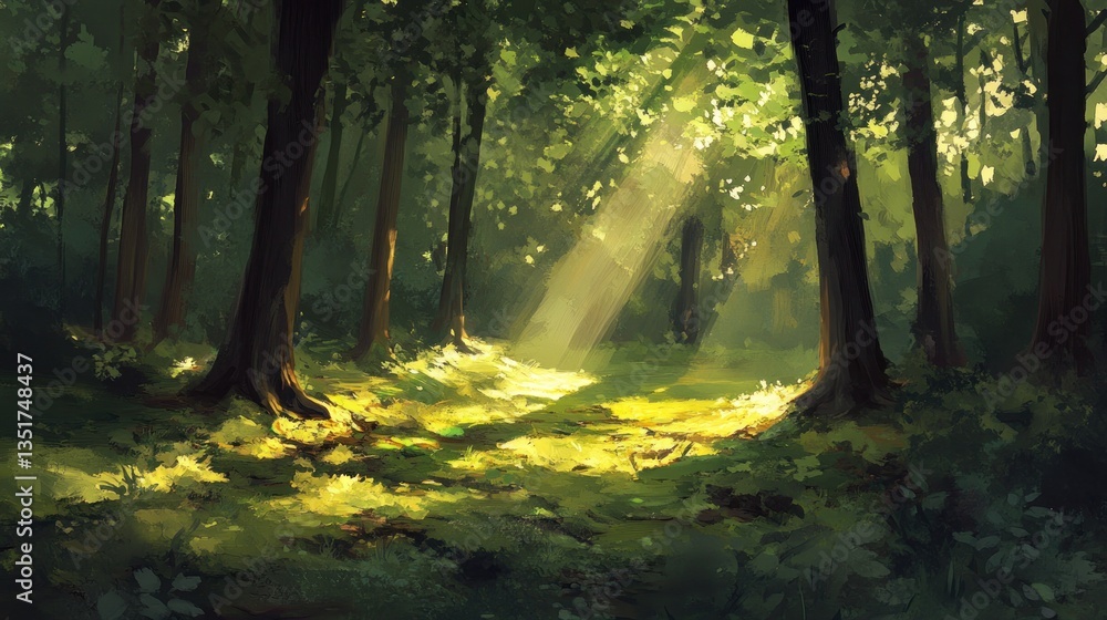 Naklejka premium Enchanting sunbeams filtering through a verdant woodland expanse