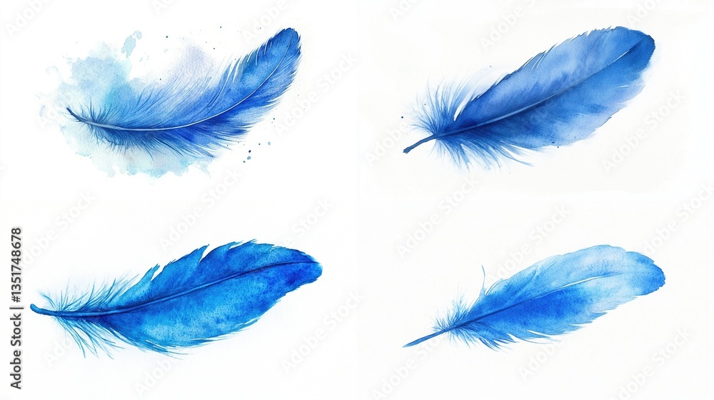 Four watercolor blue feathers isolated on white. Four watercolor blue feathers isolated on white.
