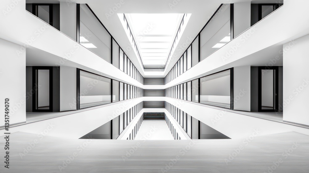 Obraz premium A black-and-white long-exposure shot of a modern buildinga??s interior, looking from the top floor down through a symmetrical hallway with white walls and light gray flooring