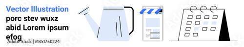 Watering can symbolizes gardening, striped gadget film-making, spiral-bound calendar for scheduling or planning. Ideal for hobby management, planning, events, creativity, productivity, organization