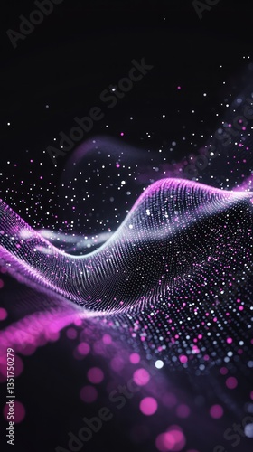 A black background with a glowing mix of purple, pink, and white digital particles, forming abstract wave patterns