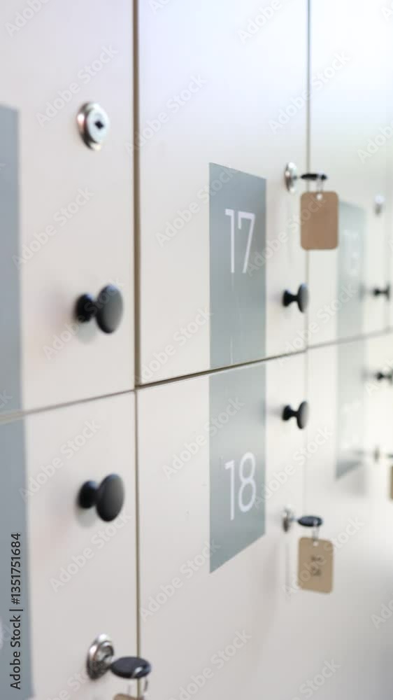 Secure lockers with numbered panels and keys hanging on white doors in a public facility in vertical video Secure lockers with numbered panels and keys hanging on white doors in a public facility in vertical video