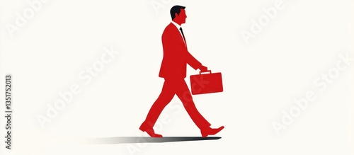 A bold red icon of a businessman walking with his briefcase in a flat vector style